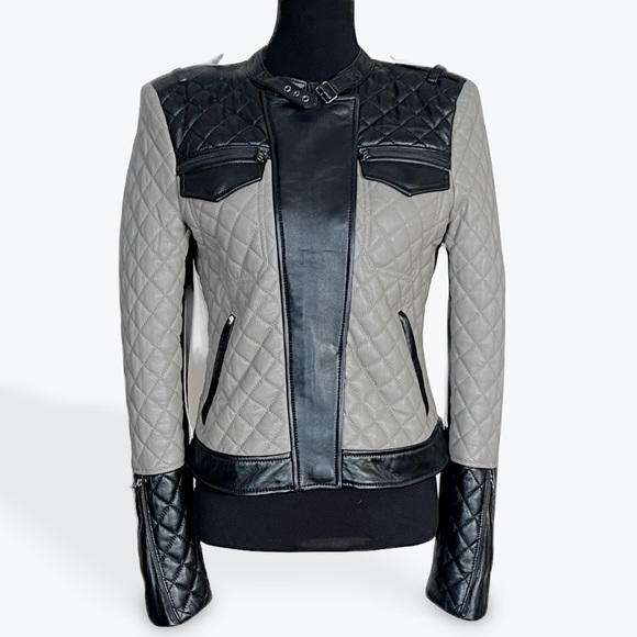 BCBGMAXAZRIA 'Keith' Quilted Lamb Leather Moto Jacket (Black/Taupe) Small $998 - Picture 1 of 9